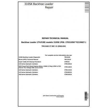 John Deere 310SK Backhoe Loader Pdf Technical Repair Service Manual TM12460