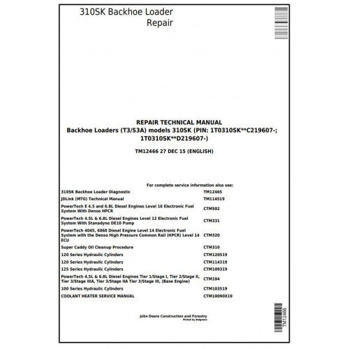 John Deere 310SK Backhoe Loader Pdf Technical Repair Service Manual TM12466