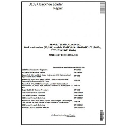 John Deere 310SK Backhoe Loader Pdf Technical Repair Service Manual TM12466