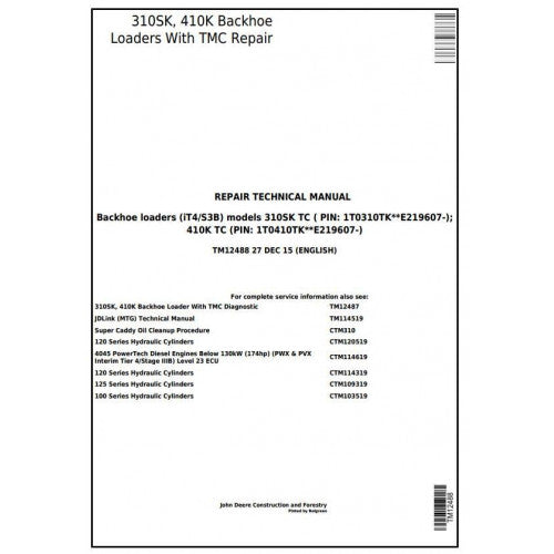 John Deere 310SK TC, 410K TC Backhoe Loaders Pdf Technical Repair Service Manual TM12488