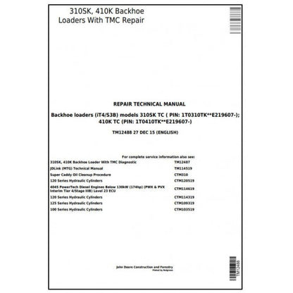 John Deere 310SK TC, 410K TC Backhoe Loaders Pdf Technical Repair Service Manual TM12488