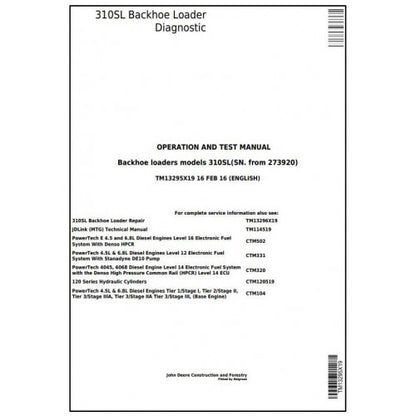 John Deere 310SL Backhoe Loader Pdf Diagnostic, Operation and Tests Service Manual TM13295X19