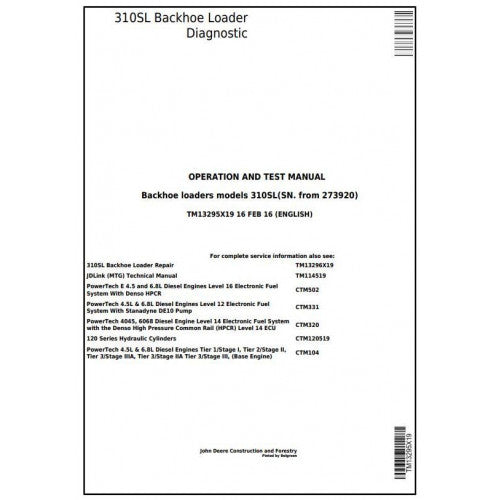 John Deere 310SL Backhoe Loader Pdf Diagnostic, Operation and Tests Service Manual TM13295X19
