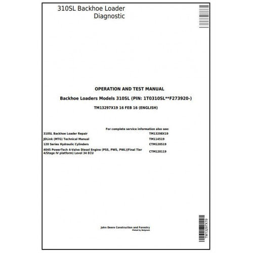 John Deere 310SL Backhoe Loader Pdf Diagnostic, Operation and Tests Service Manual TM13297X19