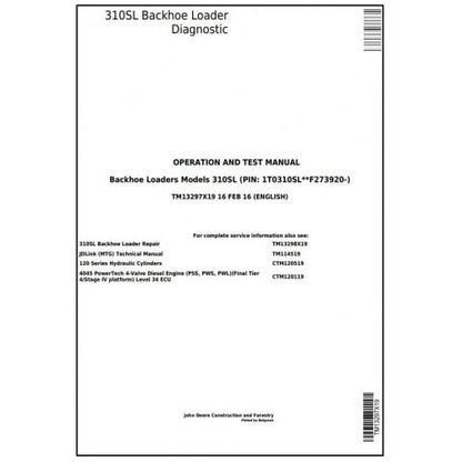John Deere 310SL Backhoe Loader Pdf Diagnostic, Operation and Tests Service Manual TM13297X19