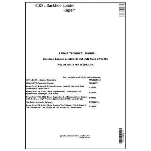 John Deere 310SL Backhoe Loader Pdf Technical Repair Service Manual TM13296X19