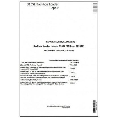 John Deere 310SL Backhoe Loader Pdf Technical Repair Service Manual TM13296X19