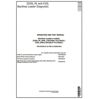 John Deere 310SL HL, 410L Backhoe Loader Pdf Diagnostic, Operation and Tests Service Manual TM13299X19