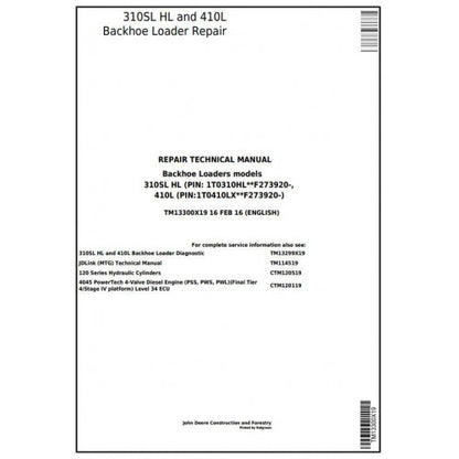 John Deere 310SL HL, 410L Backhoe Loader Pdf Technical Repair Service Manual TM13300X19