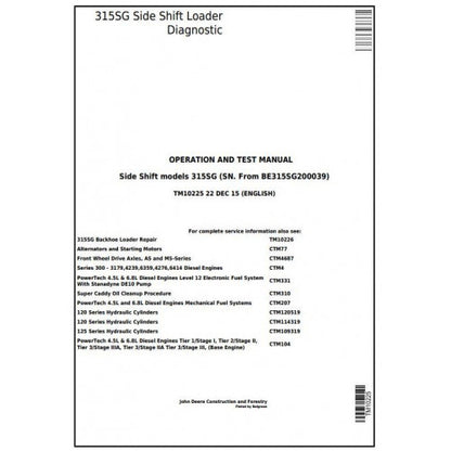 John Deere 315SG Side Shift Loader Pdf Diagnostic, Operation and Tests Service Manual TM10225