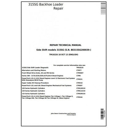 John Deere 315SG Side Shift Loader Pdf Technical Repair Service Manual TM10226