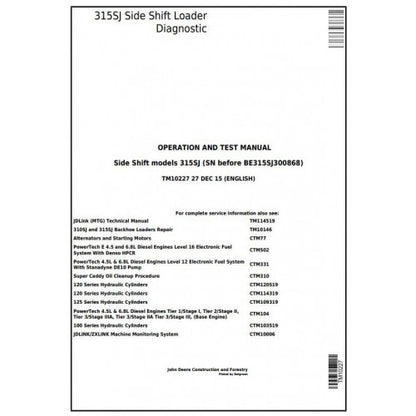 John Deere 315SJ Side Shift Loader Pdf Diagnostic, Operation and Tests Service Manual TM10227