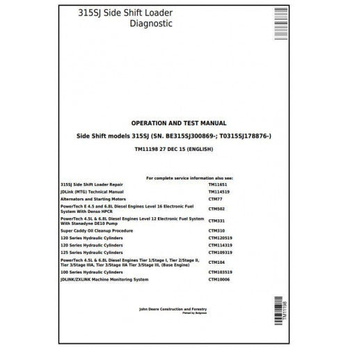 John Deere 315SJ Side Shift Loader Pdf Diagnostic, Operation and Tests Service Manual TM11198