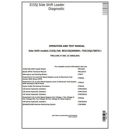 John Deere 315SJ Side Shift Loader Pdf Diagnostic, Operation and Tests Service Manual TM11198