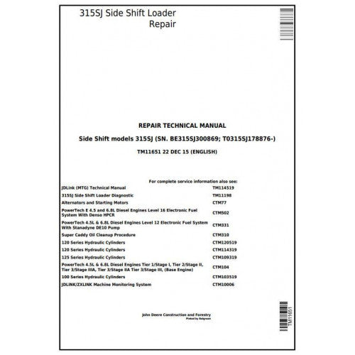 John Deere 315SJ Side Shift Loader Pdf Technical Repair Service Manual TM11651