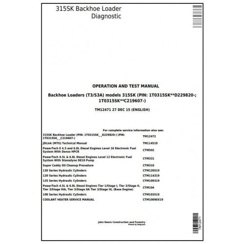 John Deere 315SK Backhoe Loader Pdf Diagnostic, Operation and Tests Service Manual TM12471