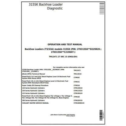 John Deere 315SK Backhoe Loader Pdf Diagnostic, Operation and Tests Service Manual TM12471