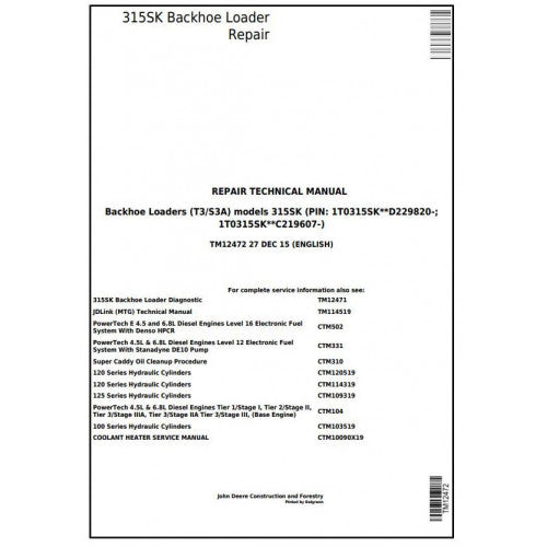 John Deere 315SK Backhoe Loader Pdf Technical Repair Service Manual TM12472