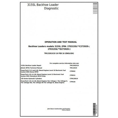 John Deere 315SL Backhoe Loader Pdf Diagnostic, Operation and Tests Service Manual TM13301X19
