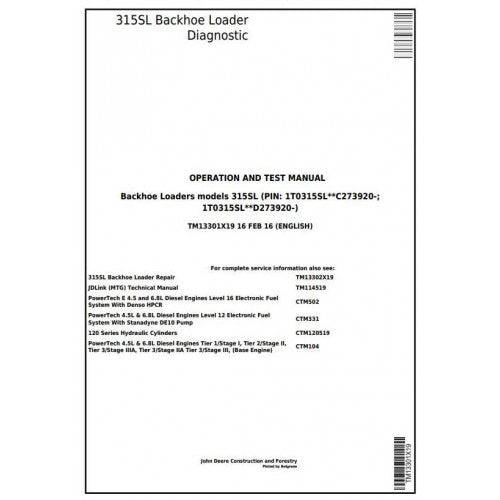 John Deere 315SL Backhoe Loader Pdf Diagnostic, Operation and Tests Service Manual TM13301X19