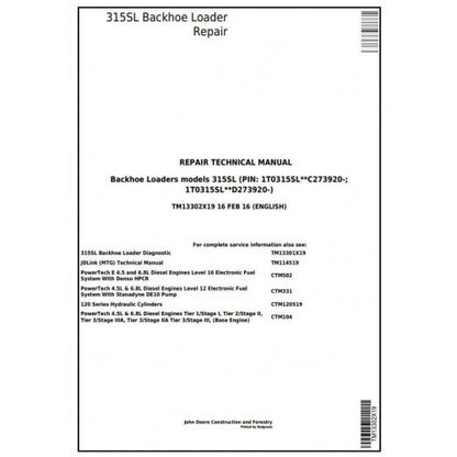 John Deere 315SL Backhoe Loader Pdf Technical Repair Service Manual TM13302X19