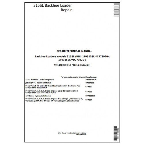 John Deere 315SL Backhoe Loader Pdf Technical Repair Service Manual TM13302X19