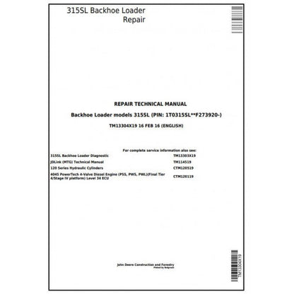 John Deere 315SL Backhoe Loader Pdf Technical Repair Service Manual TM13304X19 