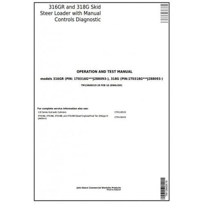 John Deere 316GR, 318G Skid Steer Loader Pdf Diagnostic, Operation and Tests Service Manual TM13848X19