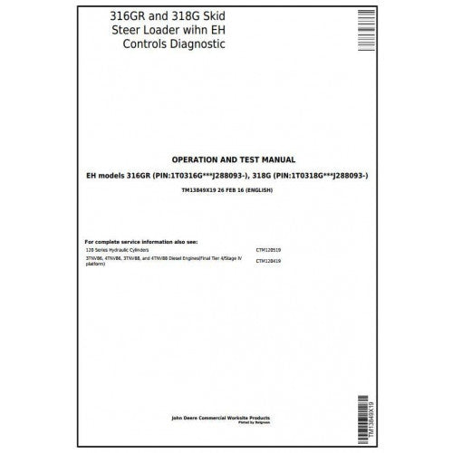 John Deere 316GR, 318G Skid Steer Loader Pdf Diagnostic, Operation and Tests Service Manual TM13849X19