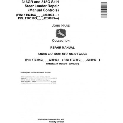 John Deere 316GR and 318G Skid Steer Loader Pdf Technical Repair Service Manual TM13852X19