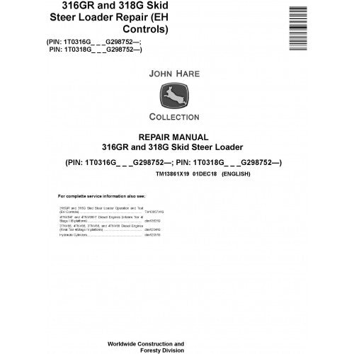 John Deere 316GR and 318G Skid Steer Loader Pdf Technical Repair Service Manual TM13861X19