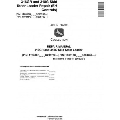 John Deere 316GR and 318G Skid Steer Loader Pdf Technical Repair Service Manual TM13861X19