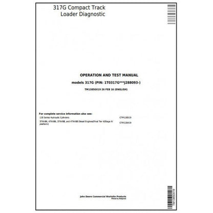 John Deere 317G Compact Track Loader Pdf Diagnostic, Operation and Tests Service Manual TM13850X19