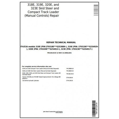 John Deere 318E, 319E, 320E, 323E Skid Steer & Compact Track Loader Pdf Technical Repair Service Manual TM13012X19