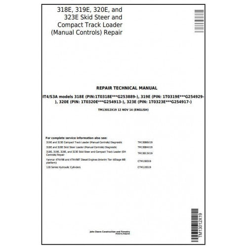 John Deere 318E, 319E, 320E, 323E Skid Steer & Compact Track Loader Pdf Technical Repair Service Manual TM13012X19