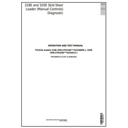 John Deere 318E, 320E Skid Steer Loader Pdf Diagnostic, Operation and Tests Service Manual TM13084X19