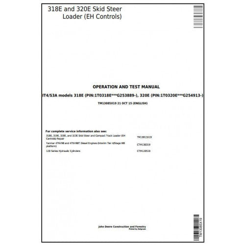 John Deere 318E, 320E Skid Steer Loader Pdf Diagnostic, Operation and Tests Service Manual TM13085X19