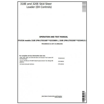 John Deere 318E, 320E Skid Steer Loader Pdf Diagnostic, Operation and Tests Service Manual TM13085X19