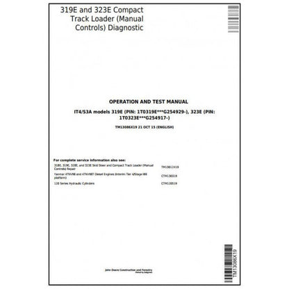John Deere 319E, 323E Compact Track Loader Pdf Diagnostic, Operation and Tests Service Manual TM13086X19