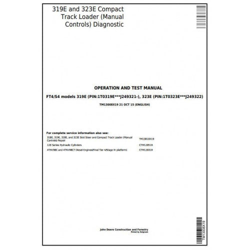 John Deere 319E, 323E Skid Steer & Compact Track Loader Pdf Diagnostic, Operation and Tests Service Manual TM13008X19