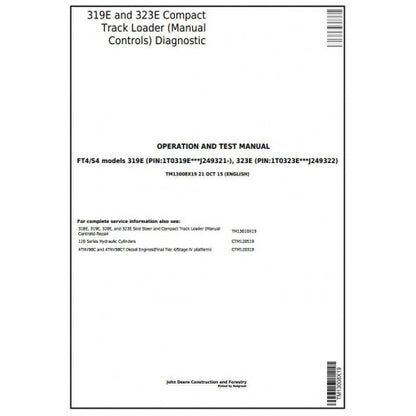 John Deere 319E, 323E Skid Steer & Compact Track Loader Pdf Diagnostic, Operation and Tests Service Manual TM13008X19