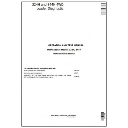 John Deere 324H and 344H 4WD Loader Pdf Diagnostic, Operation and Tests Service Manual TM1745