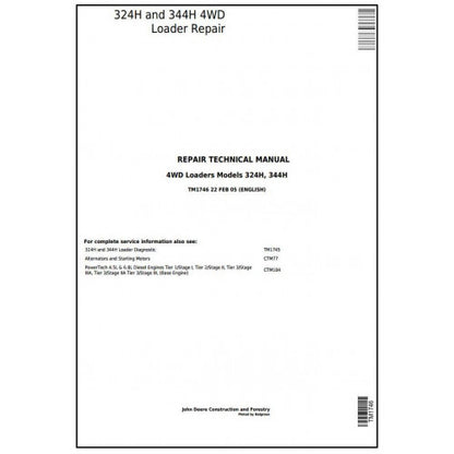 John Deere 324H and 344H 4WD Loaders Pdf Technical Repair Service Manual TM1746