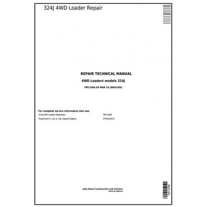 John Deere 324J 4WD Loader Pdf Technical Repair Service Manual TM12586