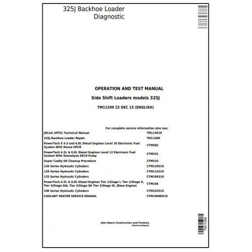 John Deere 325J Side Shift Loader Pdf Diagnostic, Operation and Tests Service Manual TM11299