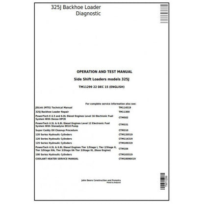John Deere 325J Side Shift Loader Pdf Diagnostic, Operation and Tests Service Manual TM11299