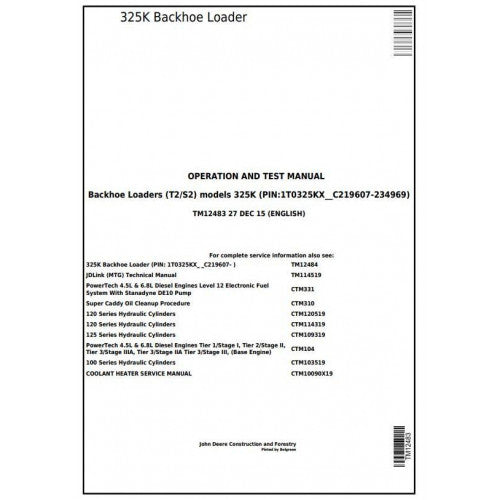 John Deere 325K Backhoe Loader Pdf Diagnostic, Operation and Tests Service Manual TM12483