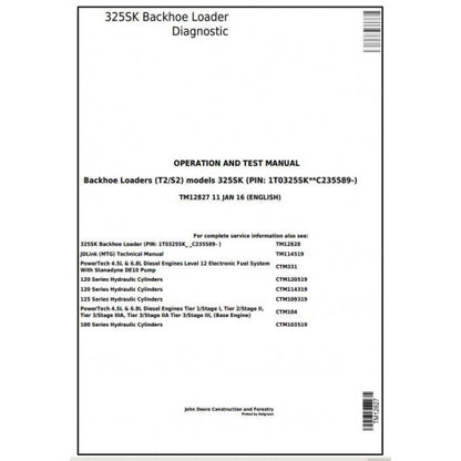 John Deere 325SK Backhoe Loader Pdf Diagnostic, Operation and Tests Service Manual TM12827