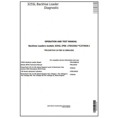 John Deere 325SL Backhoe Loader Pdf Diagnostic, Operation and Tests Service Manual TM13307X19