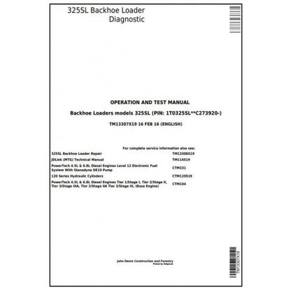 John Deere 325SL Backhoe Loader Pdf Diagnostic, Operation and Tests Service Manual TM13307X19